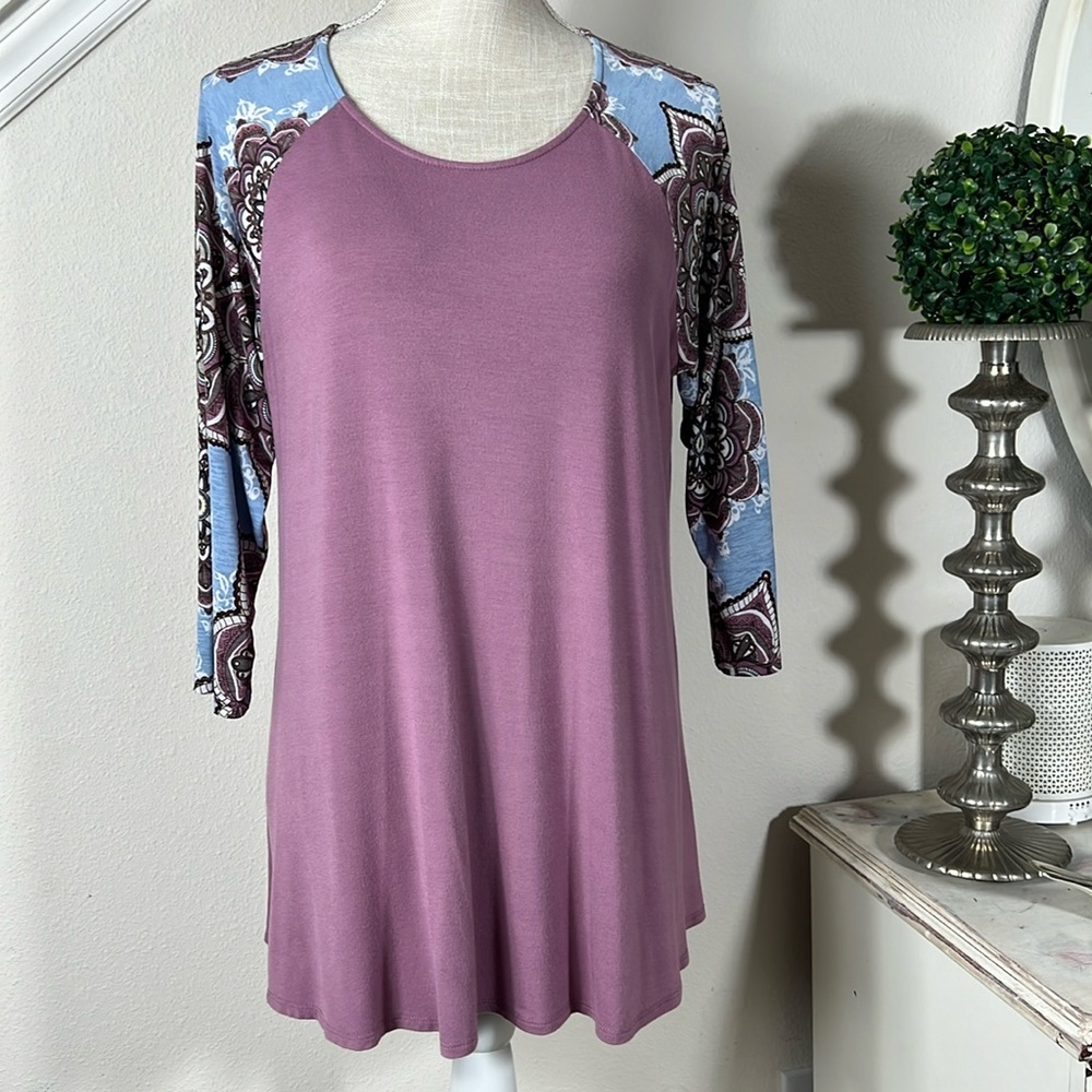 Honeyme L Purple Patterned Sleeve Tunic
